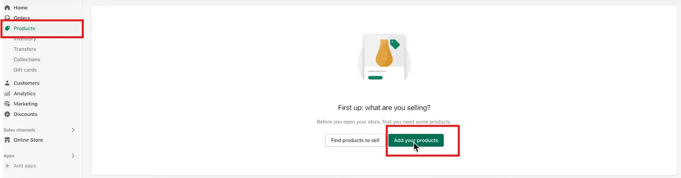 Shopify admin dashboard with the "Products" menu tab and the "Add your products" button with red boxes.